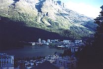 Standing at St Moritz Dorf looking towards the Bad side, with the ski slopes unfolding in the extreme top right of the picture