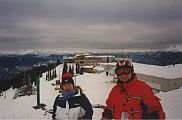 Aggie with her dad Peak of Whistler, with Roundhouse Restaurant.